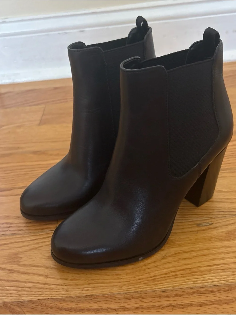 Michael Kors Black Leather Chelsea Block Heel Booties with Metal Accent